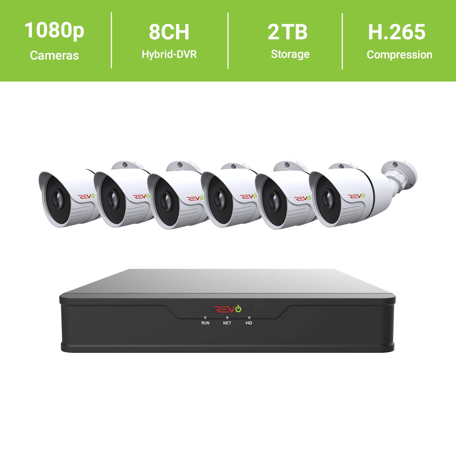 REVO America 8 Channel 2TB HDD Hybrid DVR Security System with 6 x 1080p Indoor/Outdoor IR Bullet Cameras - Remote Viewing via Smartphone, Tablet, PC & Mac (RUH81B6G-2T) | Home & Business Surveillance, Night Vision Monitoring, Weatherproof Protection