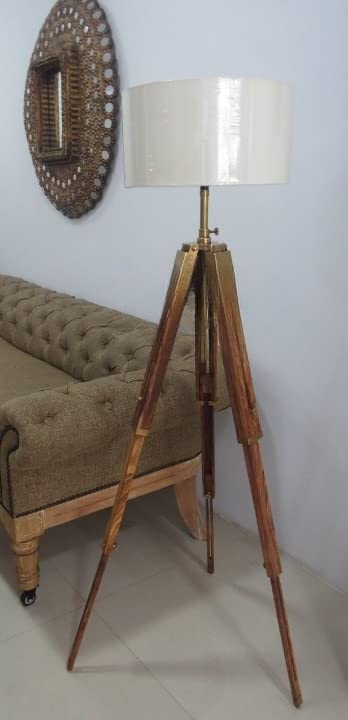 NauticalMart Brass Finish Tripod Floor Lamp Stand - Elegant Living Room Lighting for Home Decor, Reading & Cozy Ambiance