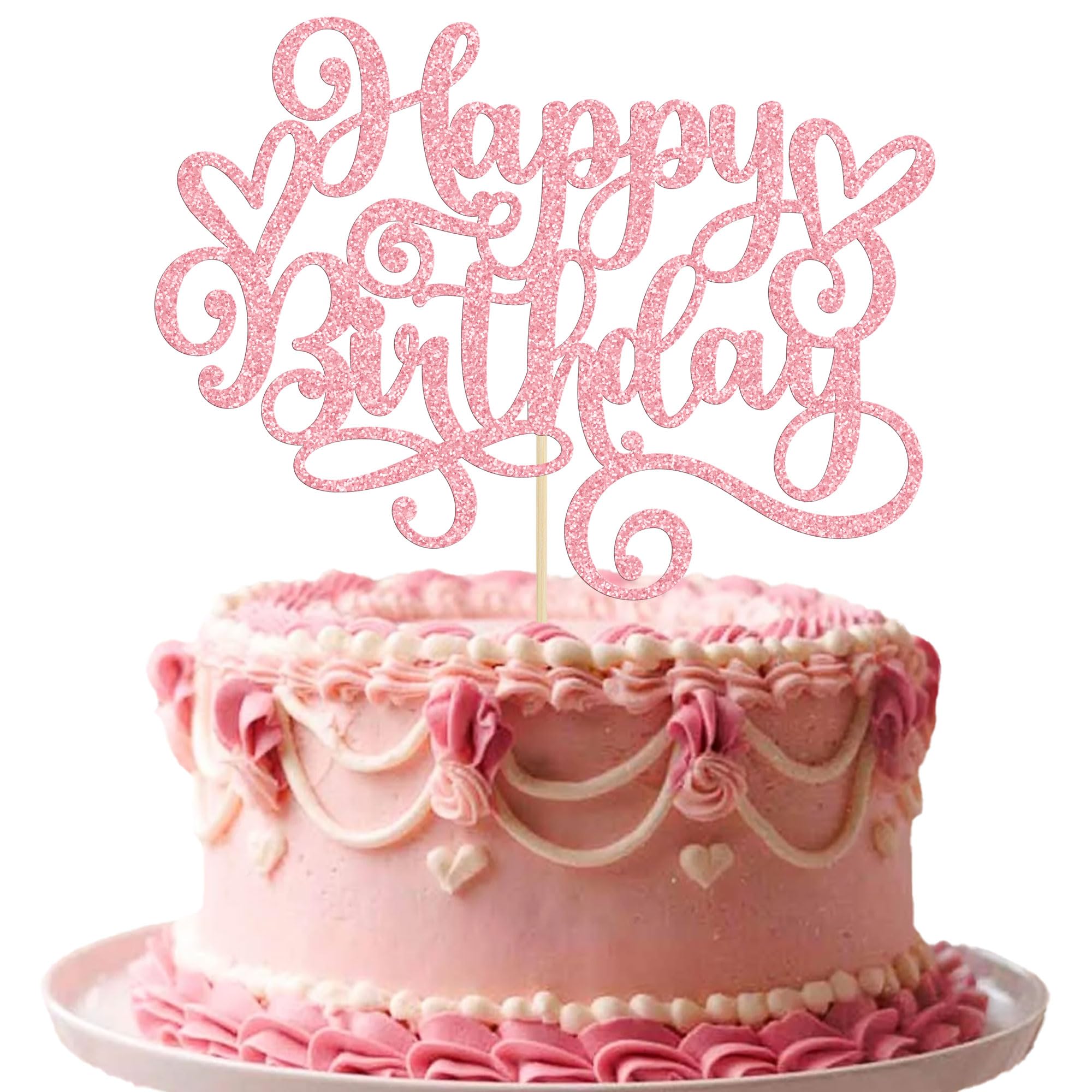 Gyufise 1Pcs Glitter Happy Birthday Cake Topper & Cake Pick - Pink Birthday Party Decorations for Anniversary Celebrations, Wedding, Baby Shower & Special Events