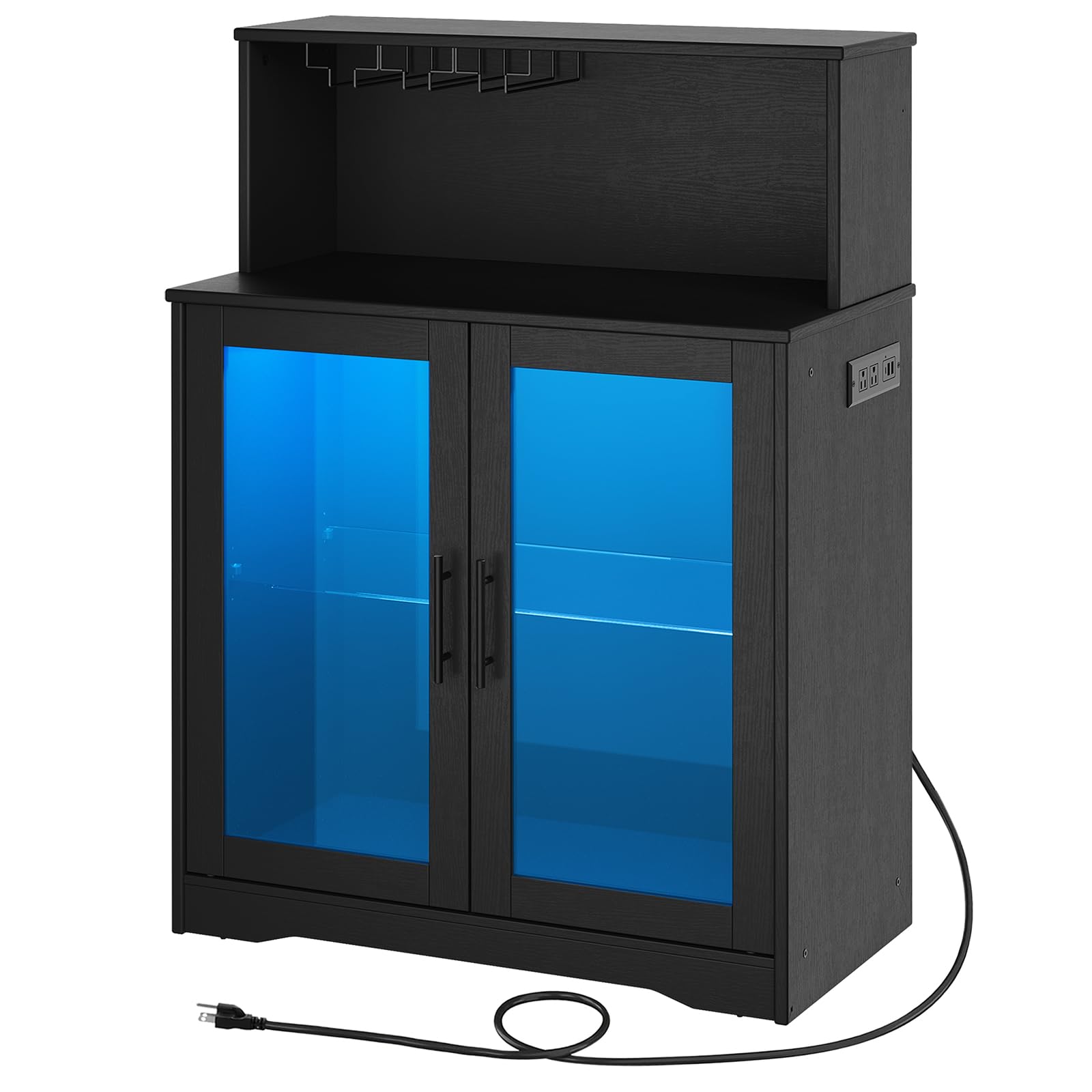 HOOBRO Freestanding Wine Bar Cabinet with LED Lights & Power Outlets - Modern Kitchen Bar Storage for Wine Glasses, Liquor Bottles & Coffee Essentials - Perfect for Living Room, Dining Room & Home Entertainment Areas (Black, Model BK78UDJG01)
