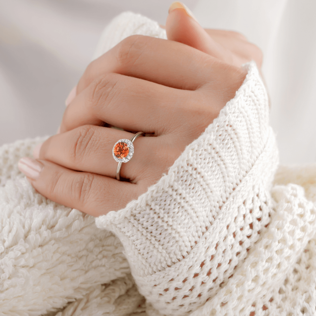 Exquisite Peach Sapphire Round Halo Engagement Ring - 14K Gold Vintage Wedding Band for Women, Perfect for Proposals, Anniversaries & Romantic Occasions