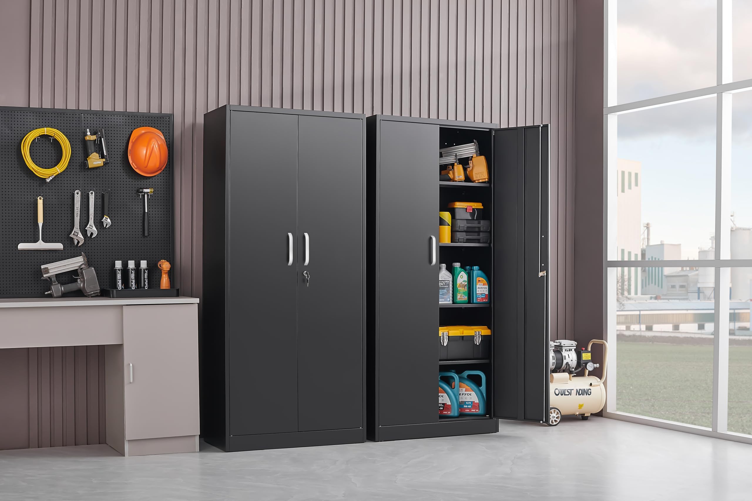 Black Metal Storage Cabinet with Adjustable Shelves & Doors - 71