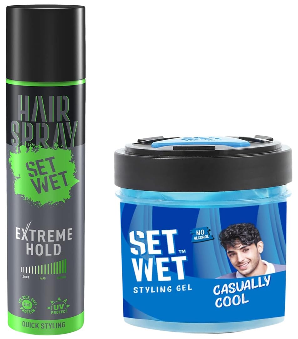 Set Wet Extreme Hold Hair Spray for Men - Strong Styling Freeze Spray, 200ml & Set Wet Cool Hold Strength Hair Gel, 250ml - Perfect for Daily Grooming and Professional Styling