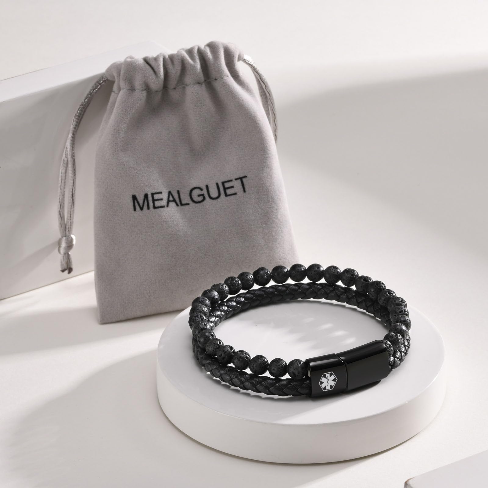 MEALGUET Engraved Medical Alert Bracelet for Men - Lava Rock Beads & Braided Leather 2-Layer ID Wristband | Allergy Awareness Jewelry | Perfect for Daily Wear, Travel & Emergency Situations
