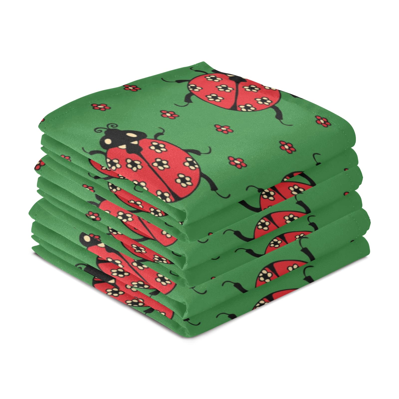 Set of 6 Red Ladybug & Floral Print Polyester Kitchen Dish Towels - Absorbent Terry Cloth Napkins, Dishcloths & Hand Towels with Hanging Loop for Kitchen, Bar & Tea Time | Perfect for Drying Dishes, Decor & Gift Giving