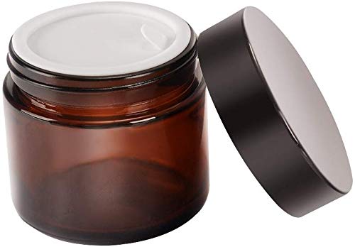 Premium 60ML (2oz) Amber Glass Jars with Black Lid & White Liner - Airtight Cosmetic Containers for Salve, Cream, Makeup Storage | Refillable Travel-Size Jars for Skincare, DIY Beauty & Essential Oils (Set of 2)
