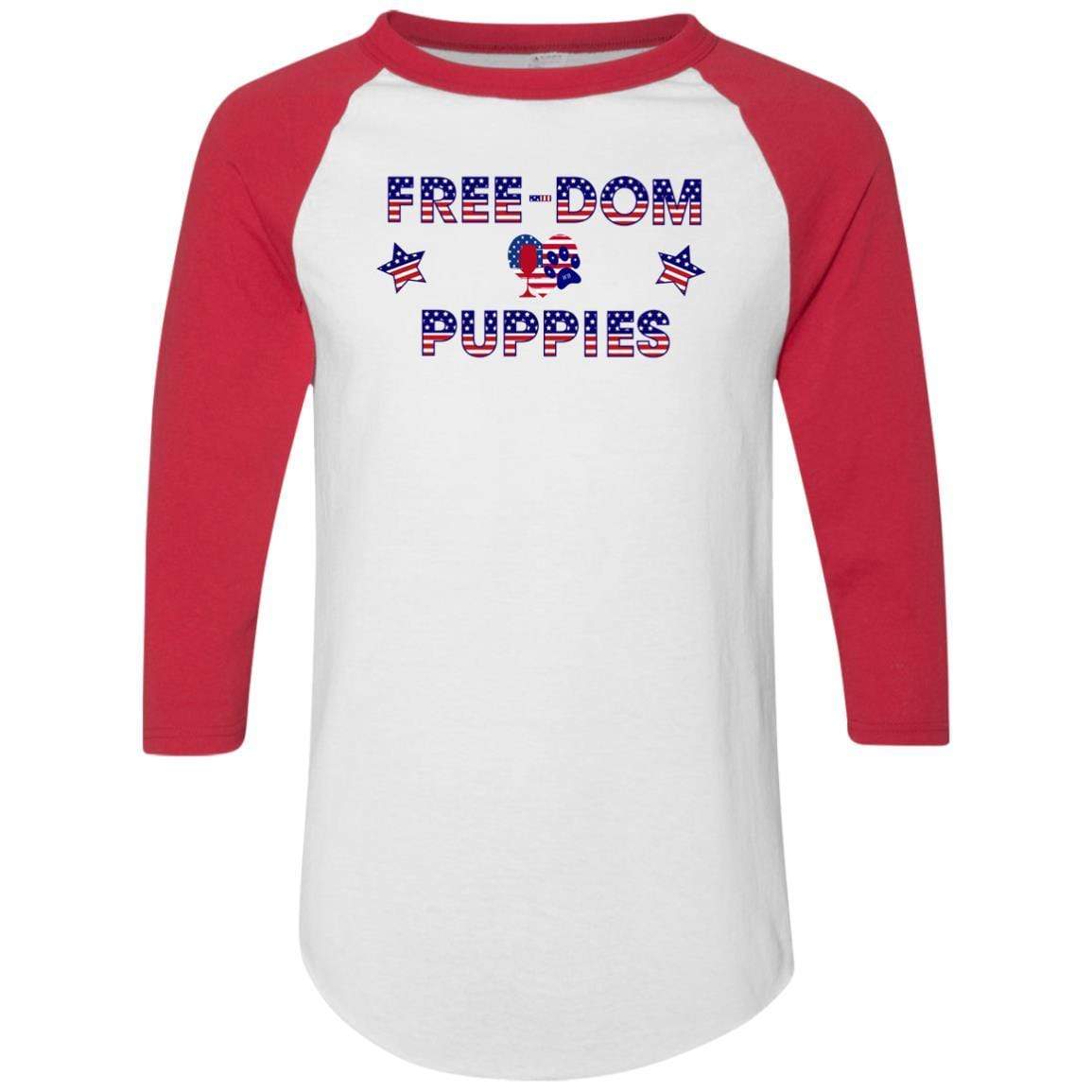 WineyBitches.Co Free Dom Puppies Colorblock Raglan Jersey - Trendy Women's Baseball Tee for Casual Wear, Street Style & Dog Lover Outfits