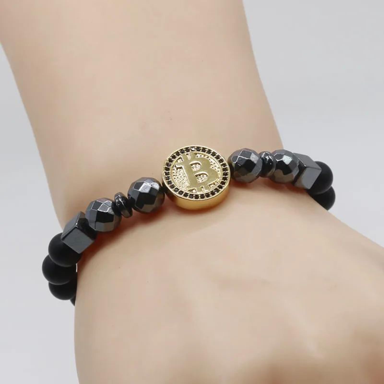 Men's Black Hematite Matte Stone Beaded Gold Plated Bitcoin Bracelet - Blockchain Cryptocurrency Pendant Charm Bangle for Money Luck - Unique Punk Rock Gift for Crypto Enthusiasts & Collectors - Perfect for Gifting, Daily Wear & Crypto Events