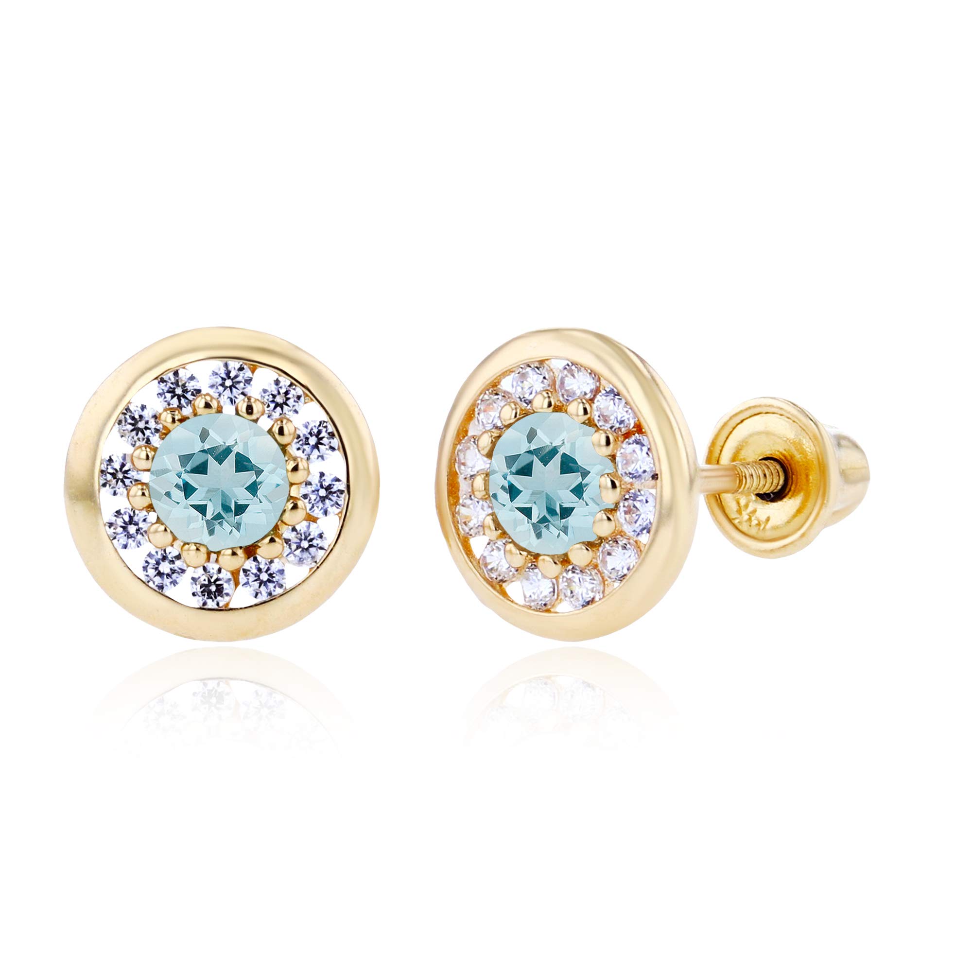 14K Solid Gold 7mm Circle Natural Birthstone Screwback Stud Earrings for Women | March Birthstone Aquamarine | 1mm White Sapphire Pave Earrings | Perfect for Birthdays, Anniversaries & Everyday Elegance