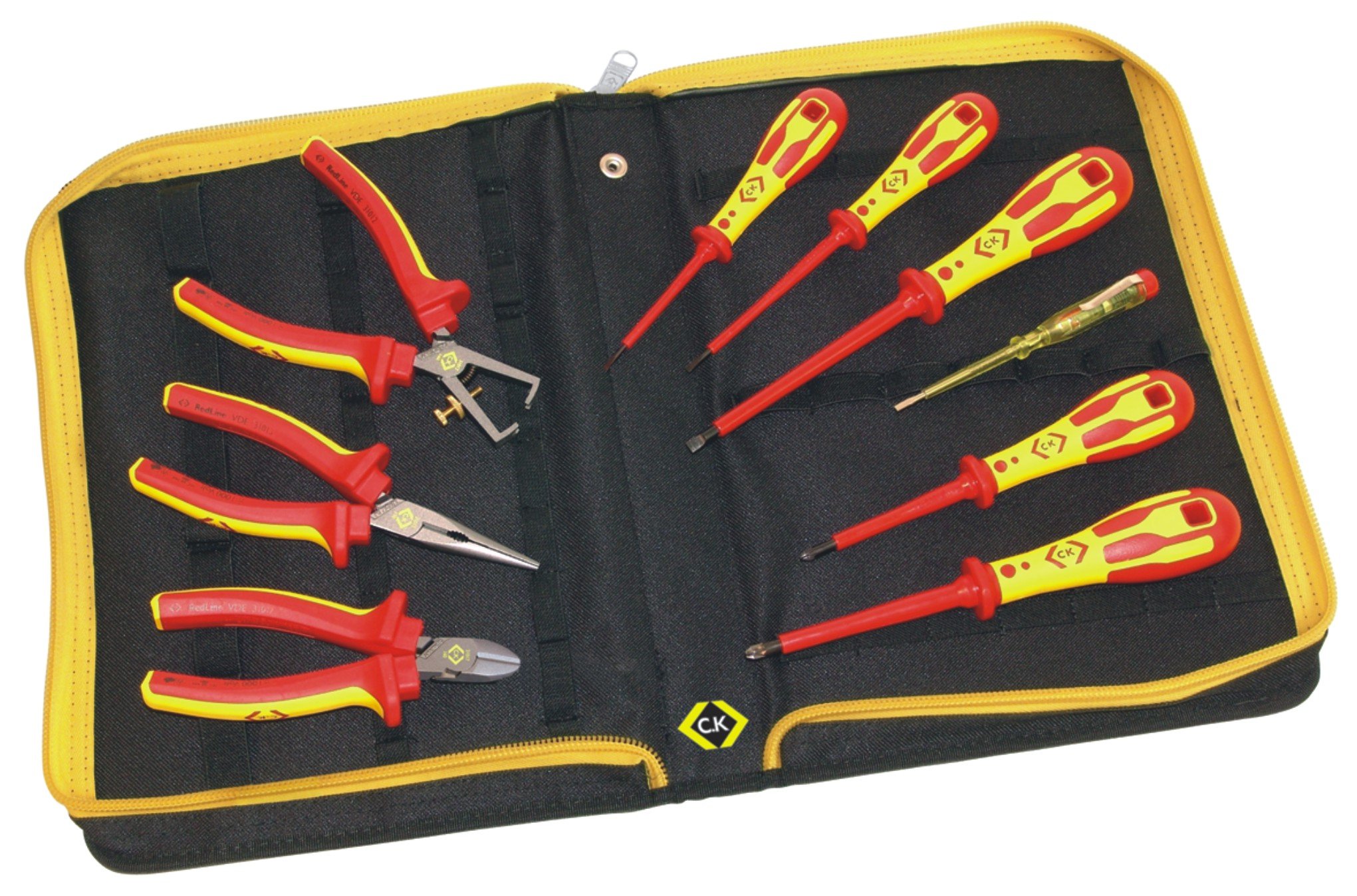 C. K Tools 331003 VDE Insulated Pliers & Screwdrivers Set - 9-Piece Electrician Tool Kit with PZ and SL Bits for Safe Electrical Work | Ideal for Home Repairs, Wiring Projects & Professional Use
