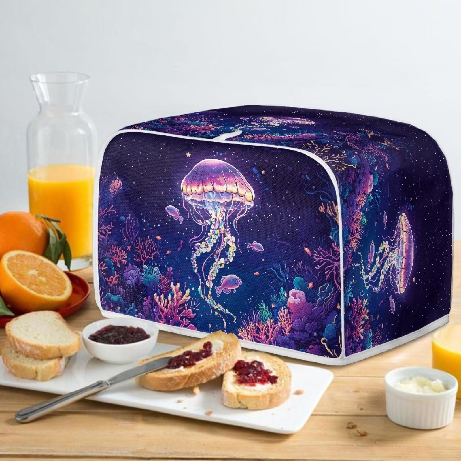 Washable Jellyfish & Water Plants Print Toaster Cover - 2 Slice Dust Protection Cloth for Bread Maker & Toaster Oven | Kitchen Appliance Accessories | Perfect for Home, Cafe & Restaurant Use