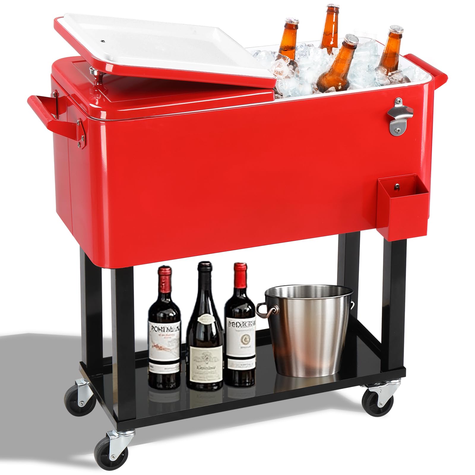 Outvita 80 Quart Rolling Cooler with Wheels - Heavy Duty Portable Ice Chest for Camping, Beach, BBQ & Tailgating - Features Catch Basin, Bottom Storage Tray & Built-in Bottle Opener - Perfect for Outdoor Parties, Picnics & Sports Events