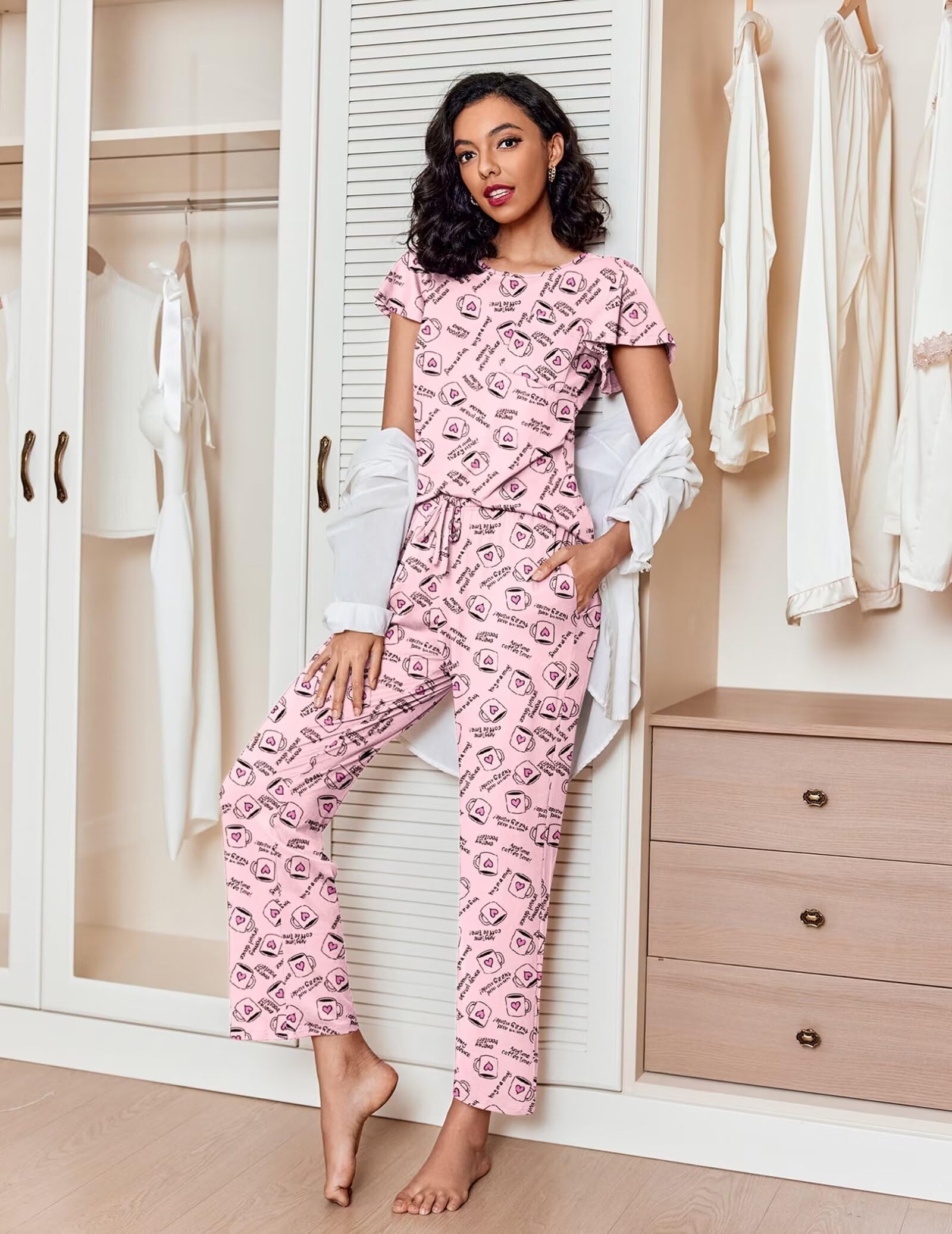 Ekouaer Women's Pajama Set - 2 Pack Soft Short Sleeve Sleepwear with Long Pants & Pockets - Cozy Printed Lounge Pajamas for Nighttime Comfort, Relaxing at Home, and Sleepovers