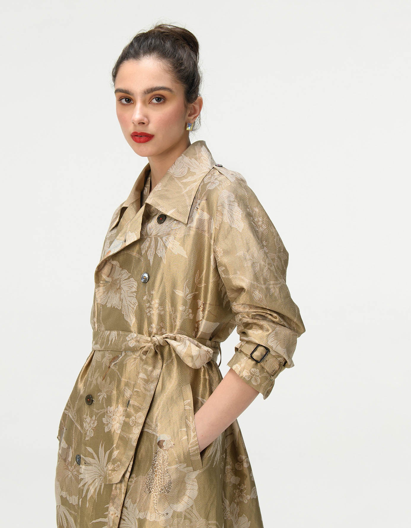 Elegant Trench Coat in Silk Brocade - Oyster Grey Color | Perfect for Formal Events, Weddings & Office Wear