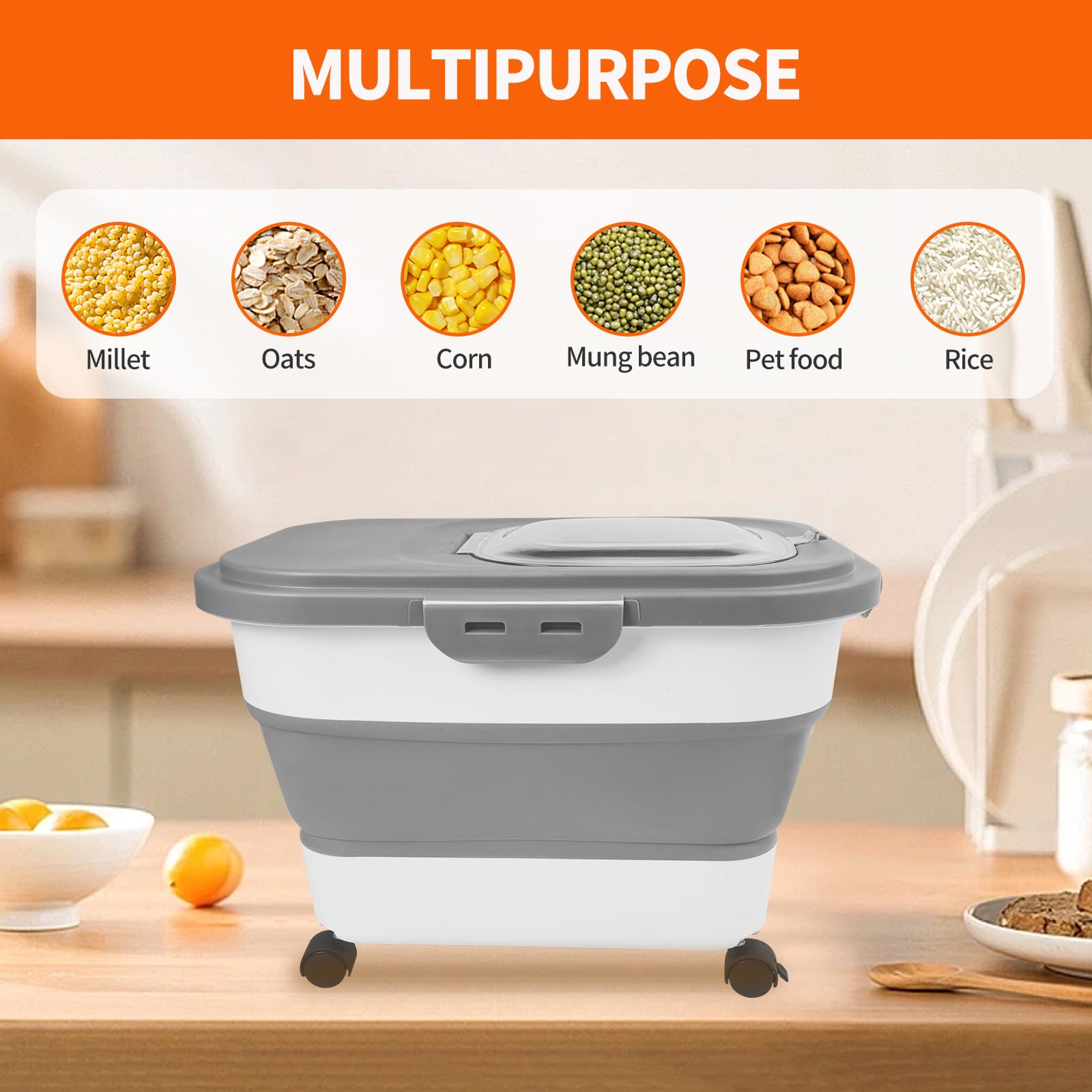 20lbs Airtight Dog & Cat Food Storage Container with Casters & Scoop - Collapsible Pet Food Bin Keeps Dry Food Fresh - Perfect for Kitchen Pantry, Pet Feeding Area & Travel (Grey)