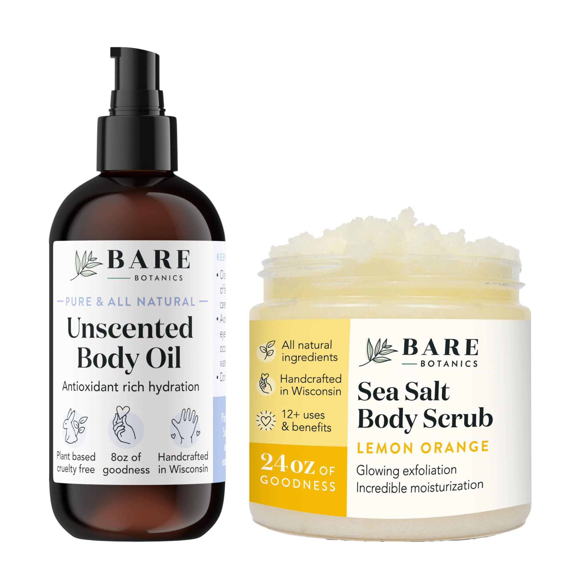 Bare Botanics Unscented Body Oil & Lemon Orange Body Salt Scrub Set - Hydrating Moisturizer & Exfoliating Scrub for Dry Skin - Perfect for Spa Day, Self-Care Routine & Gift Giving