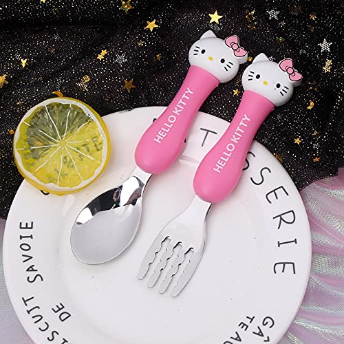 **CherryBox Pink Kitty Stainless Steel Kids Spoon & Fork Set with Storage Box (Dark Pink) - Perfect for School Lunches, Picnics, and Travel**