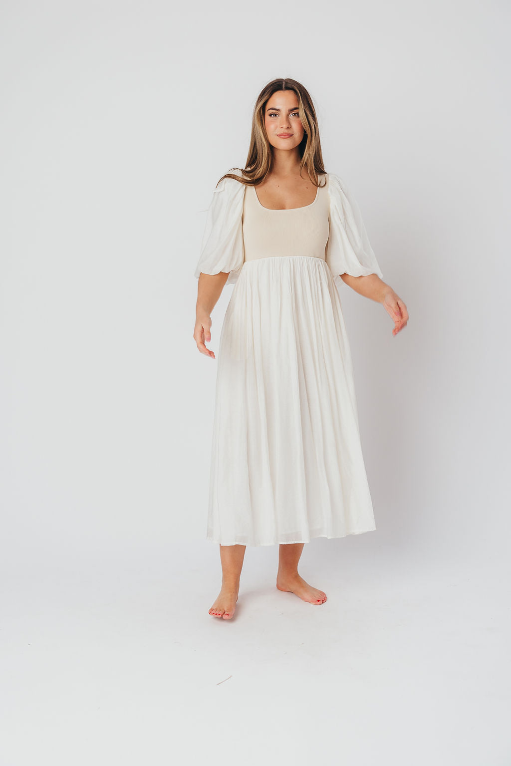 Raina Women's Maternity Midi Dress with Puff Sleeves - Bump Friendly Flowy Dress in Natural for Pregnancy, Nursing & Special Occasions