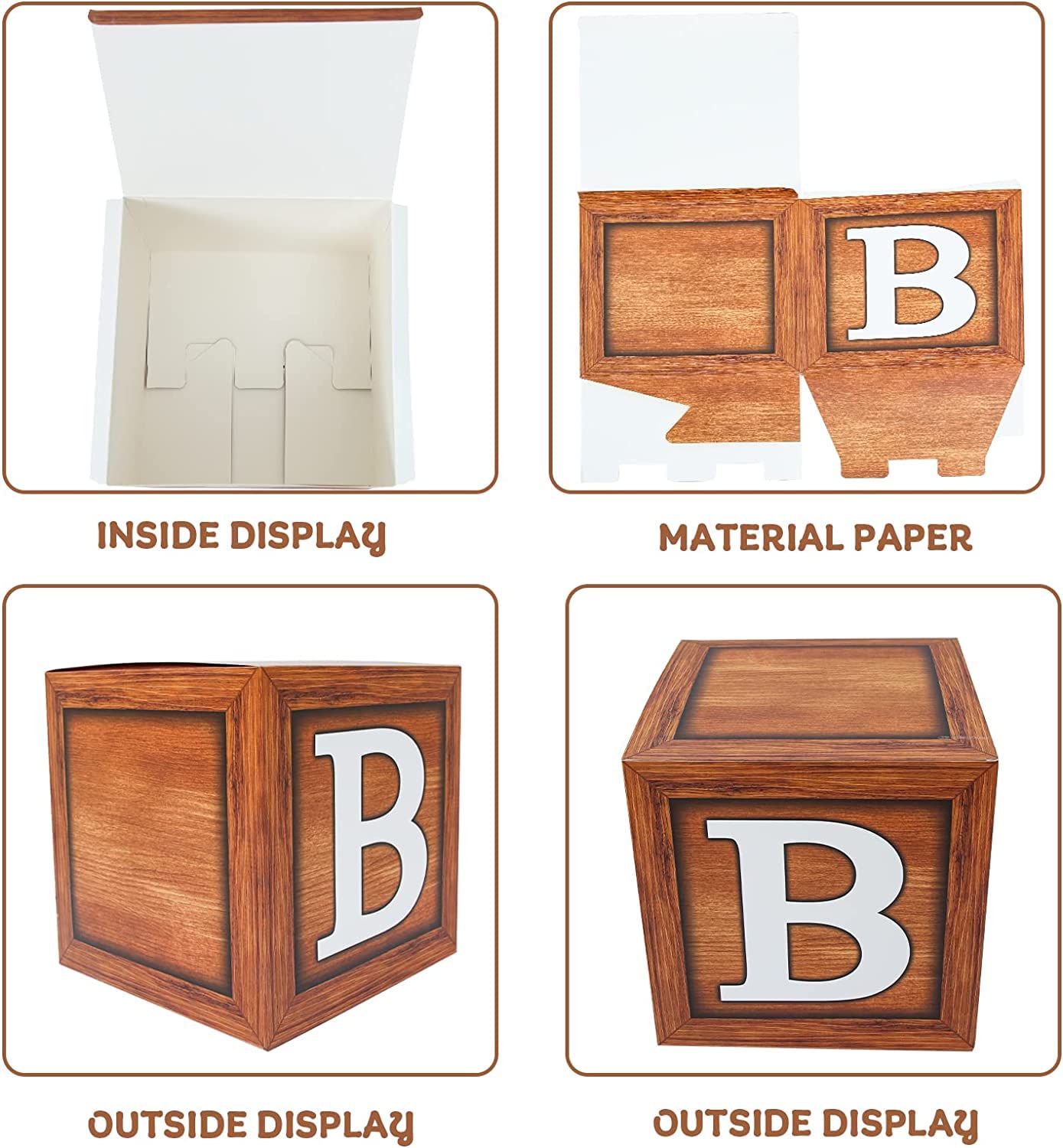 Wood Grain Brown Baby Shower Balloon Boxes (4-Pack) - First Birthday Centerpiece Decorations, Teddy Bear Baby Shower Supplies & Gender Reveal Backdrop - Perfect for Baby Showers, Birthday Parties & Nursery Decor