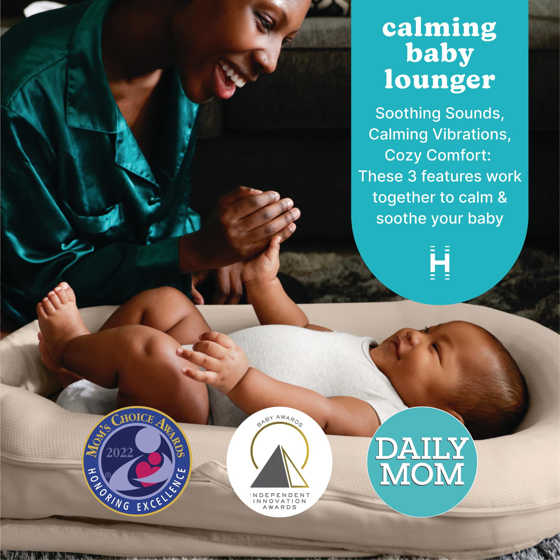 Homedics 3-in-1 Calming Baby Cushion with Soothing Sound & Vibration - Rechargeable & Machine Washable Infant Comfort Pillow for Newborns & Babies - Safe Snuggling Sensation for Nursery, Car Seat & Stroller (Tan)