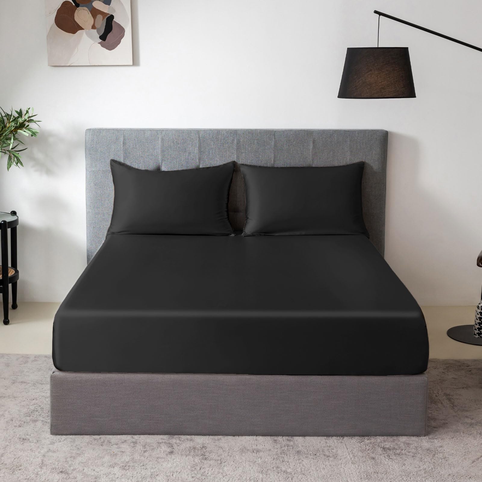 Premium 100% Mulberry Silk Fitted Sheet Set - 7A+ Grade 3-Piece Silk Bedding (Queen Size, Black) | 16
