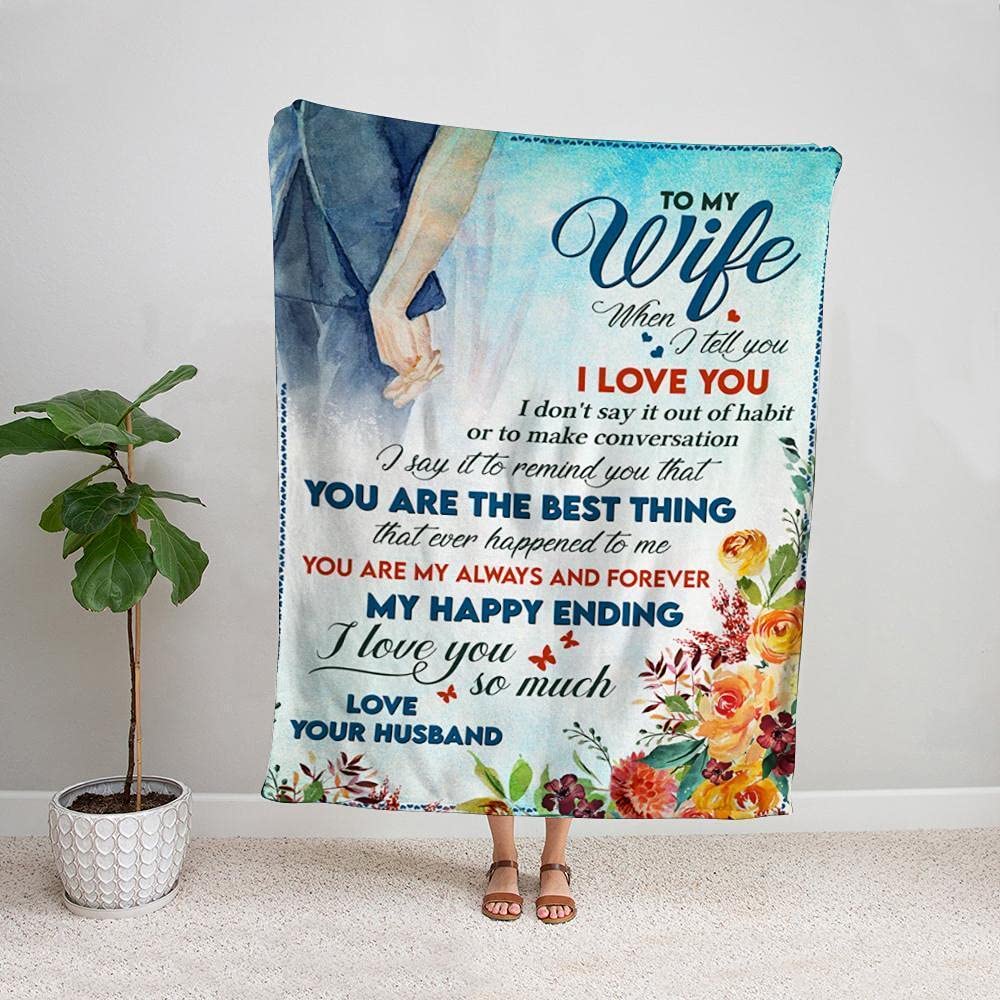 Personalized Fleece Blanket for Wife - Birthday Gift, Anniversary Present, Romantic 'My Happy Ending I Love You So Much' Blanket for Cozy Nights and Relaxing Evenings