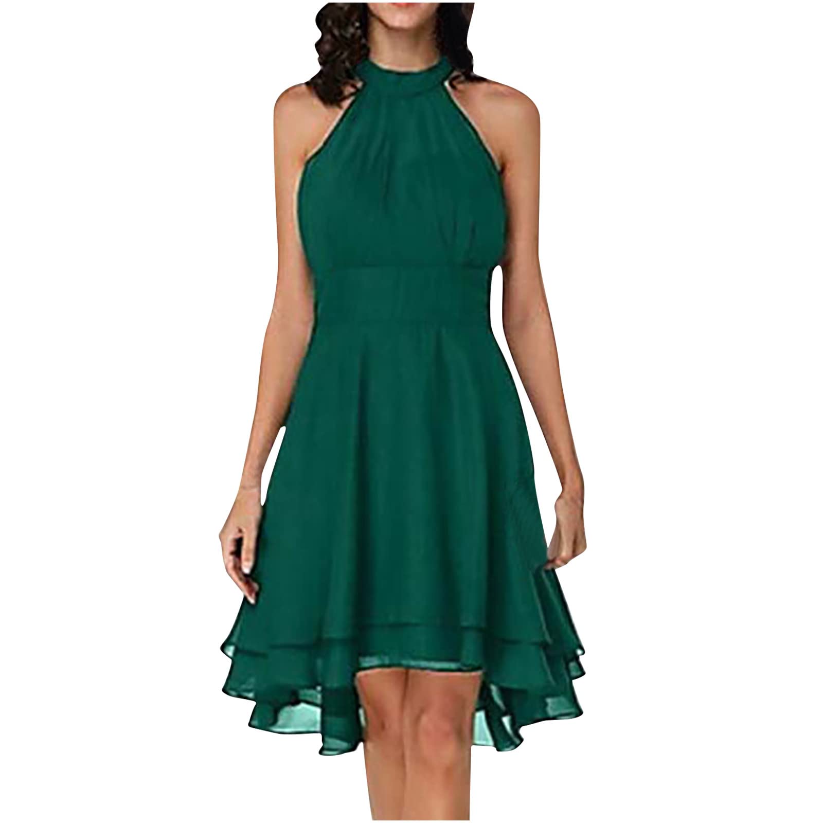 Elegant Women's Halter Crewneck High-Low Cocktail Dress - Sleeveless Slim A-Line Swing Party Dress for Evening Events, Prom & Special Occasions