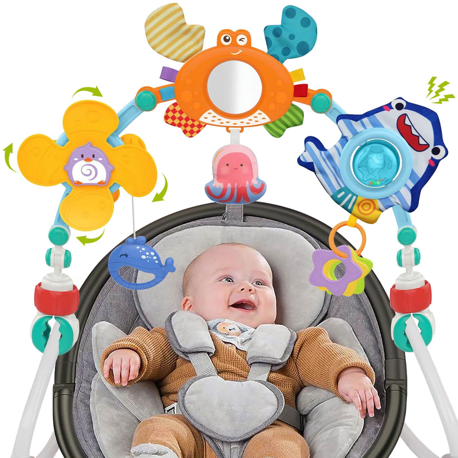 Baby Stroller Arch Toy - Interactive Spiral Hanging Toys for Infants 0-6 Months | Car Seat & Stroller Accessories | Crib & Baby Bjorn Bouncer Toy Bar | Perfect for Developing Motor Skills & Sensory Play