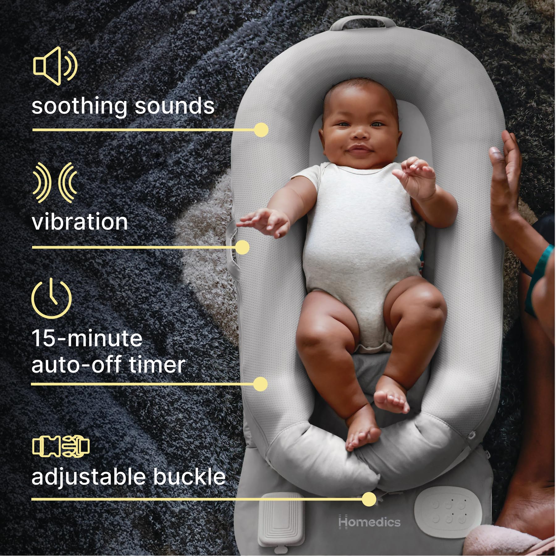 Homedics 3-in-1 Calming Baby Cushion with Soothing Sound & Vibration - Safe Cordless Rechargeable Cuddler for Newborns & Infants - Machine Washable Gray - Perfect for Nursery, Travel & Soothing Fussy Babies
