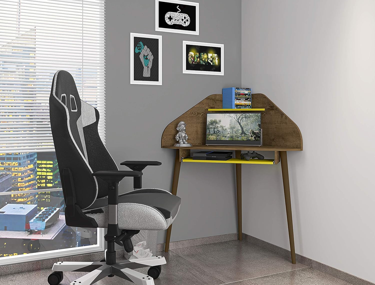 Bradley Corner Desk for Small Spaces with Overhead Shelf & Keyboard Drawer | Mid Century Modern Study Desk with Wire Management | Rustic Brown/Yellow | Perfect for Home Office, Dorm Room & Apartment Workspaces