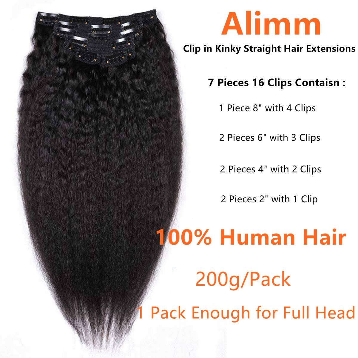 Clip-in Kinky Straight Human Hair Extensions - 7Pieces 16 Clips Double Lace Weft (26 inch, #1B) | Alimm Coarse Yaki Straight Hair for Natural Look | Perfect for Daily Wear, Parties & Special Occasions