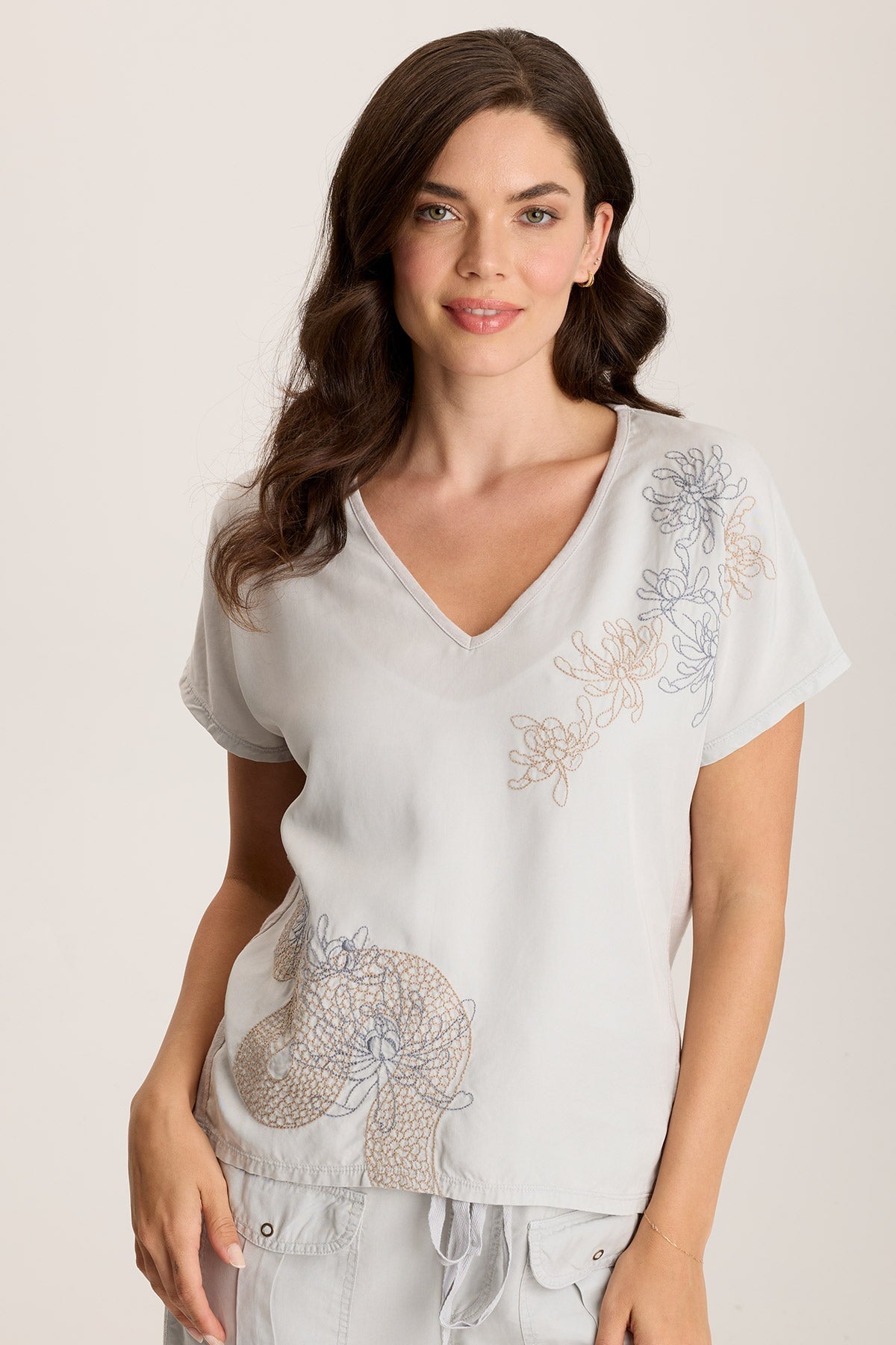 Jolina Women's Twill V-Neck Embroidered T-Shirt - Casual Comfort Top for Everyday Wear, Work & Outings