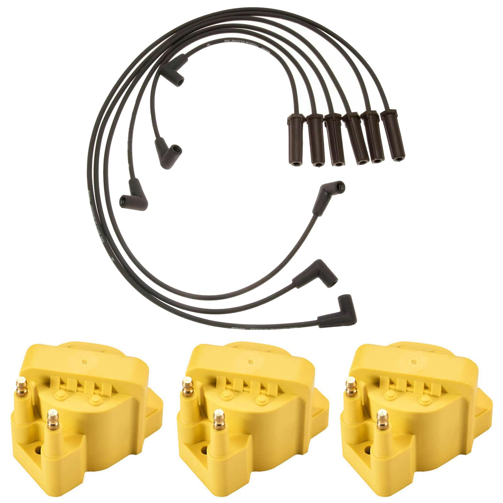3 Pack Yellow Ignition Coil Pack & Wire Set Compatible with Buick Cadillac Chevrolet Oldsmobile Pontiac L4 V6 - Improve Engine Performance & Fuel Efficiency for Smooth Driving