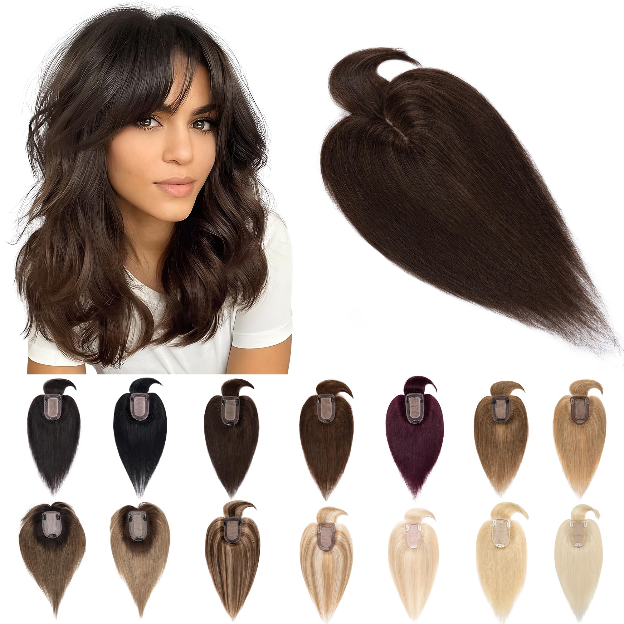 SEGO Human Hair Toppers for Women with Bangs - 7x13cm Silk Base, 100% Remy Clip-In Hairpiece for Thinning Hair (16