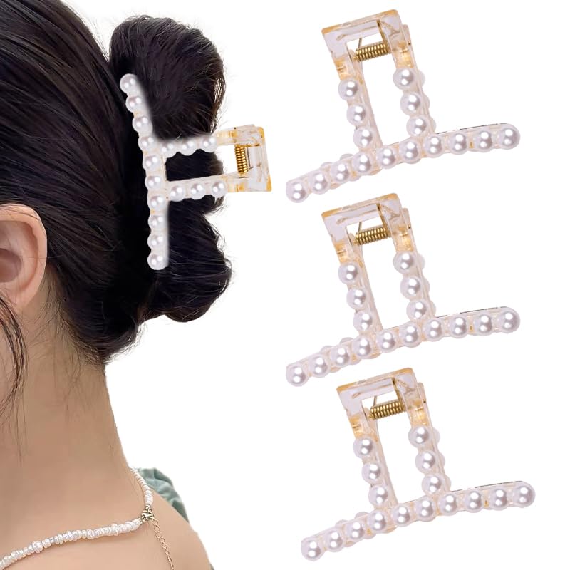 Large Pearl Hair Claw Clips for Thick Hair - Non-Slip Hair Styling Barrettes & Jaw Clips - Elegant Hair Accessories for Women & Girls (3-Pack) - Perfect for Weddings, Parties & Everyday Wear