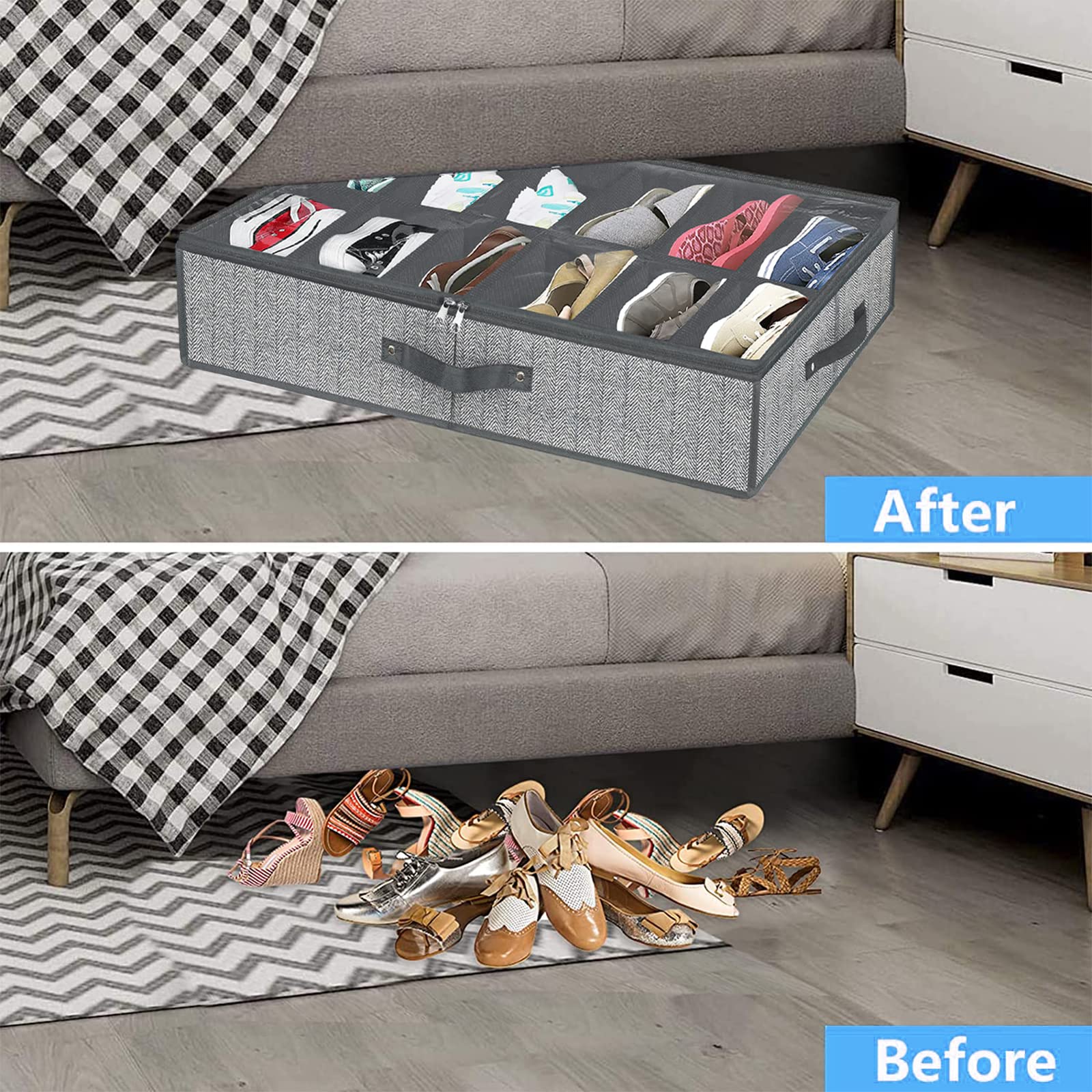 Under Bed Shoe Storage Organizer - Set of 2 Clear View Shoe Boxes Holds 24 Pairs | Space Saving Closet Organization for Sneakers, Heels & Boots | Sturdy Plastic Underbed Storage Containers (29.3