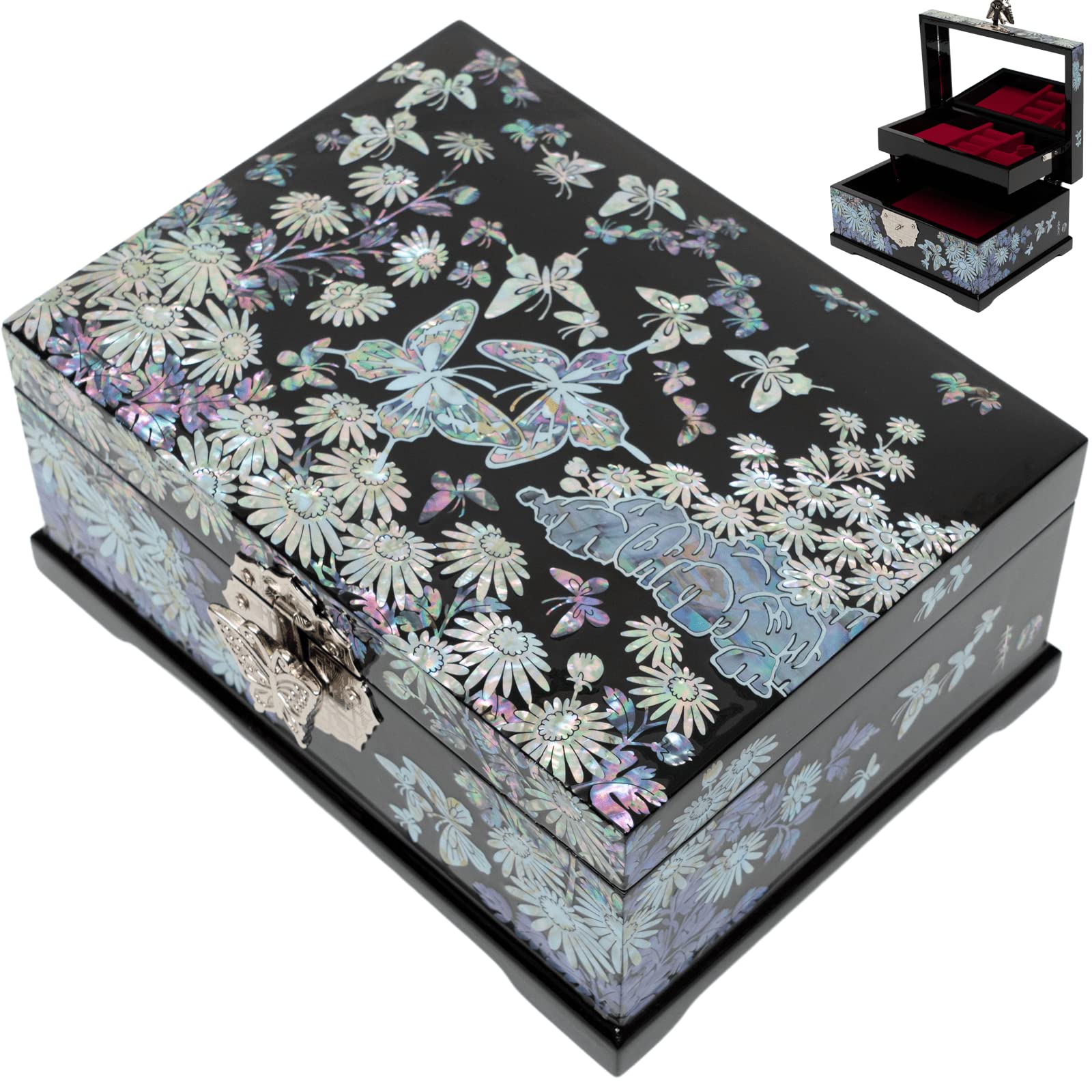 February Mountain Mother of Pearl Jewelry Box - 2 Layer Jewelry Organizer for Earrings, Rings, Necklaces, Bracelets & Watches | Perfect Gift for Women, Birthday, Anniversary, Valentine's Day (Siberian Chrysanthemum with Butterflies Design) | Elegant Storage for Dresser, Vanity or Travel