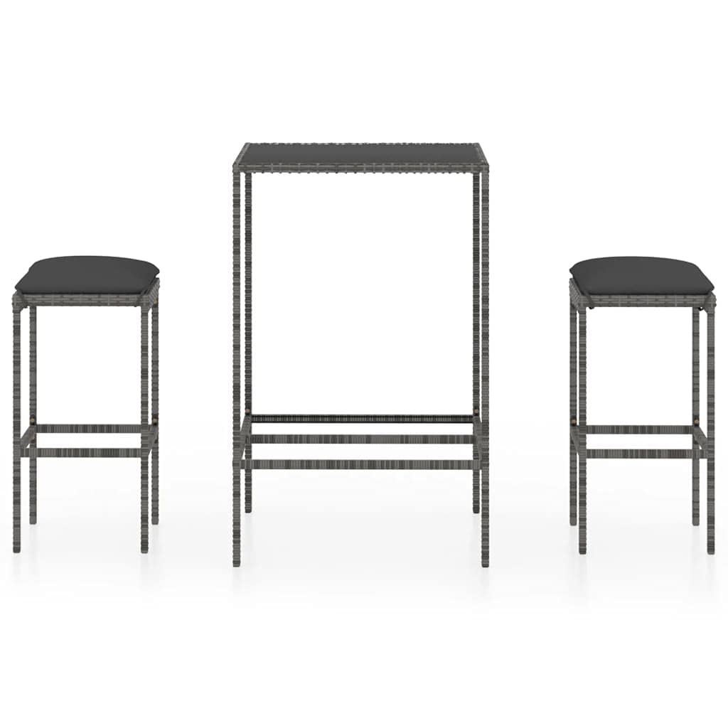Tikarti 3-Piece Outdoor Patio Bar Set with Waterproof Cushions - Gray Poly Rattan Furniture for Garden, Deck, Poolside or Backyard Relaxation