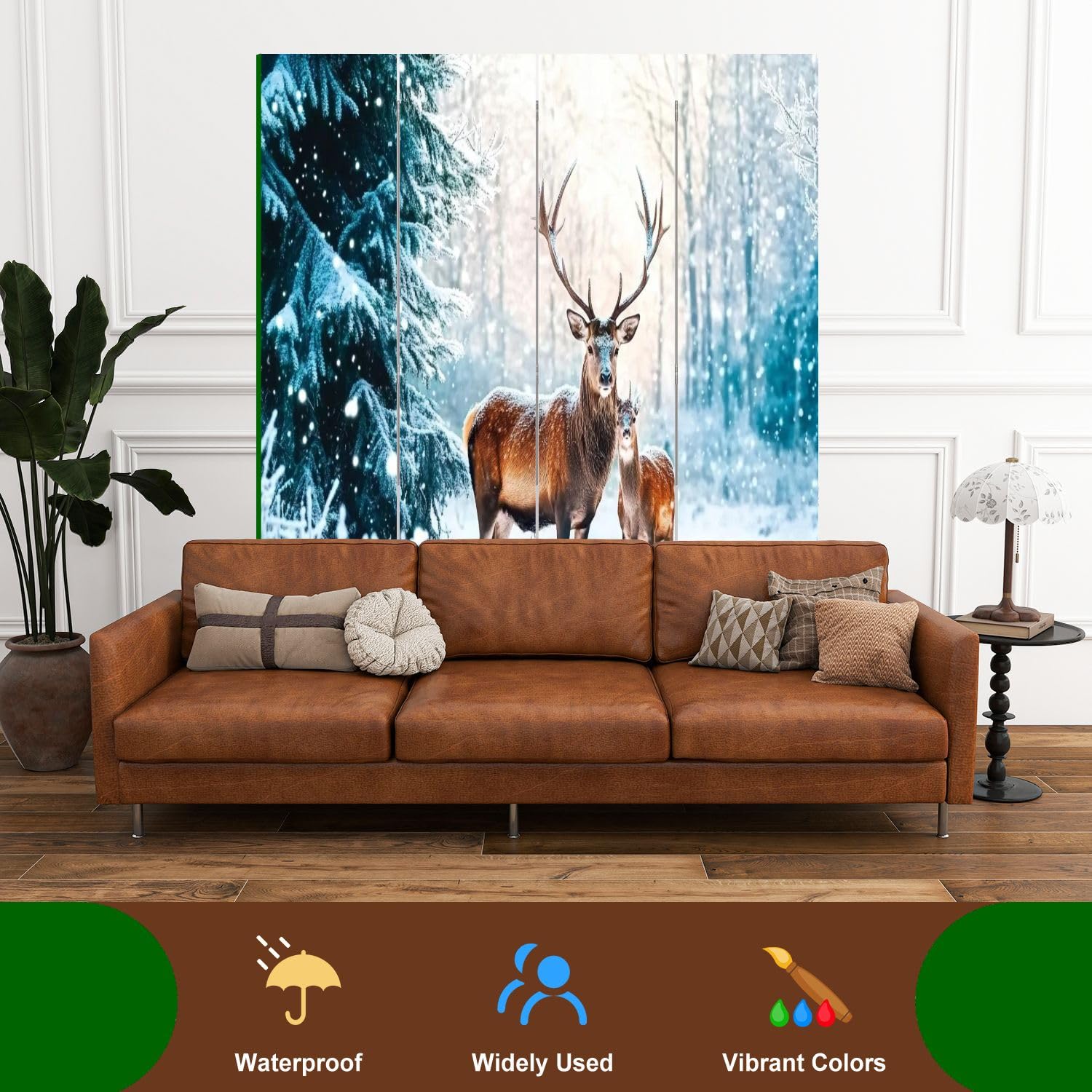 Wooden Room Divider with Deer & Snowy Winter Forest Design - 4-Panel Folding Privacy Screen for Home & Office - Christmas Decor, Dual-Sided Canvas Partition Wall for Indoor Spaces (Bedroom, Living Room, Studio)