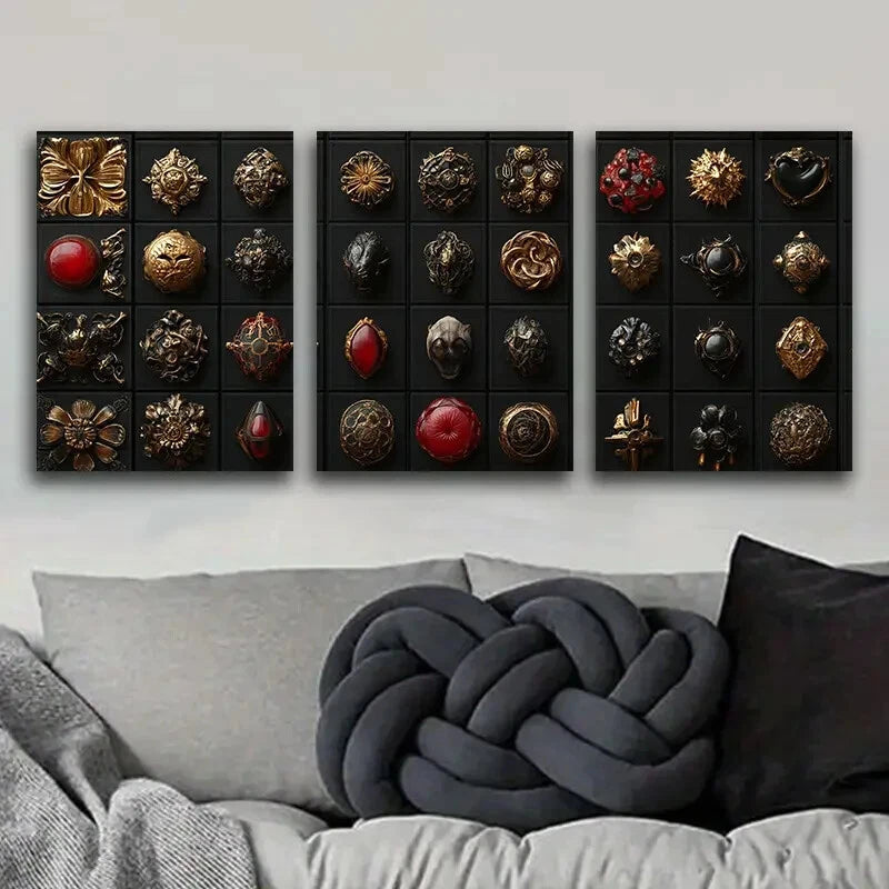 3pcs Gothic Jewelry Wall Art Painting - Metal Print Ready to Hang - Home Decor for Living Room, Bedroom & Office - Unique Gothic Style Artwork