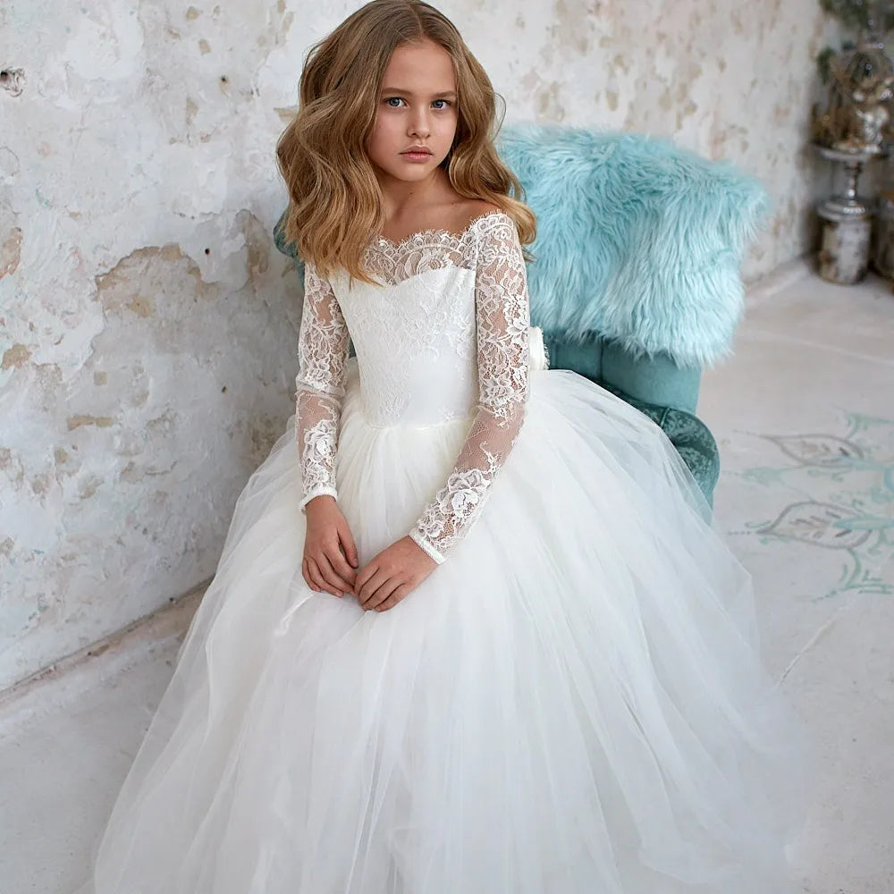 Elegant Full Sleeves Flower Girl Dress for First Communion - Perfect for Weddings, Baptisms & Special Occasions