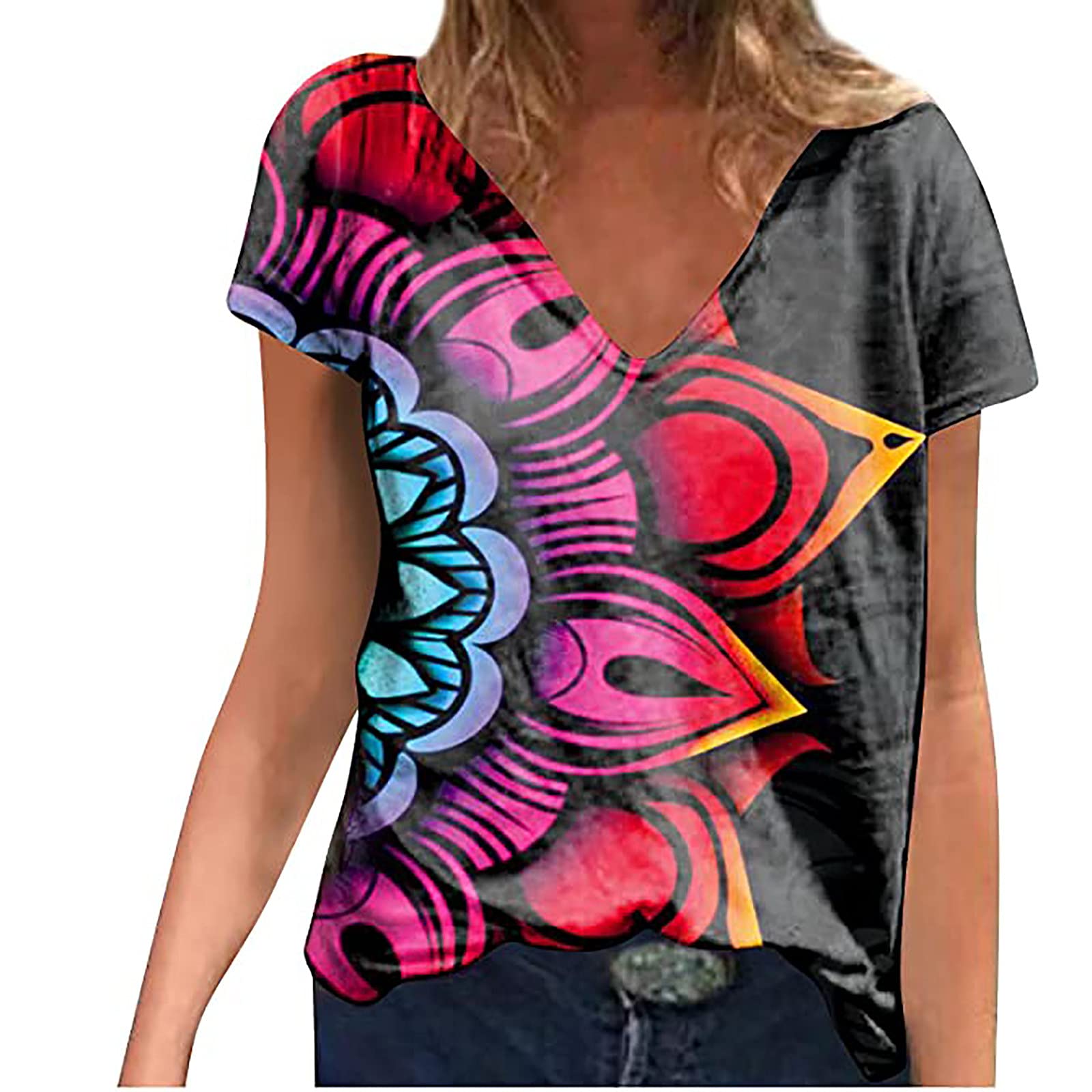 Women's Short Sleeve V-Neck T-Shirts - Cute Printed Loose Pullover Blouses, Soft Comfortable Summer Graphic Tees for Casual Wear, Outings & Vacation