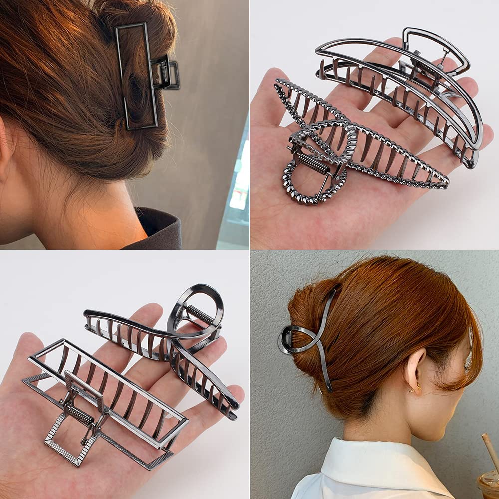 Large Metal Hair Claws for Thick Long Hair - Non-Slip Butterfly Clips with Grip Teeth, Strong Hold Hair Clamps for Women (Black) | Perfect for Updos, Ponytails & Everyday Hairstyles