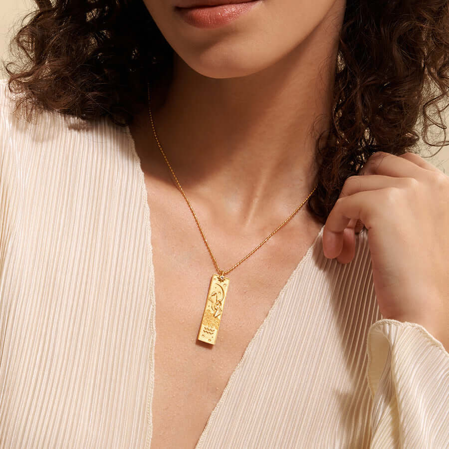 Zodiac Sign Pendant Necklace for Women - 14K Gold Plated Rectangular Charm Necklace | Perfect for Birthday Gifts, Anniversary & Daily Wear | JN3474