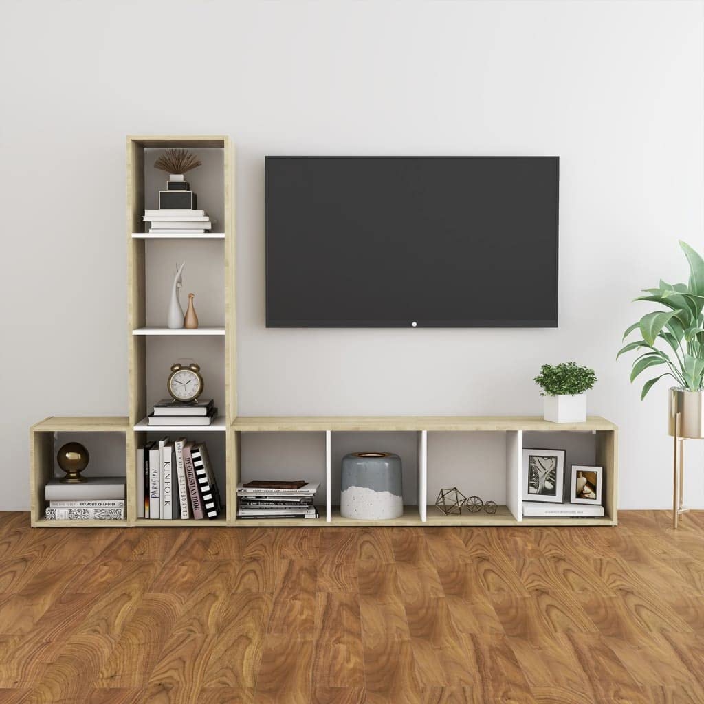 3 Piece TV Stand Set - Modern TV Unit, Stereo & HiFi Cabinet, Gaming Entertainment Center with Display Shelves for Bedroom, Living Room & Office - White & Sonoma Oak Chipboard - Perfect for Home Theater Setup & Media Storage Organization