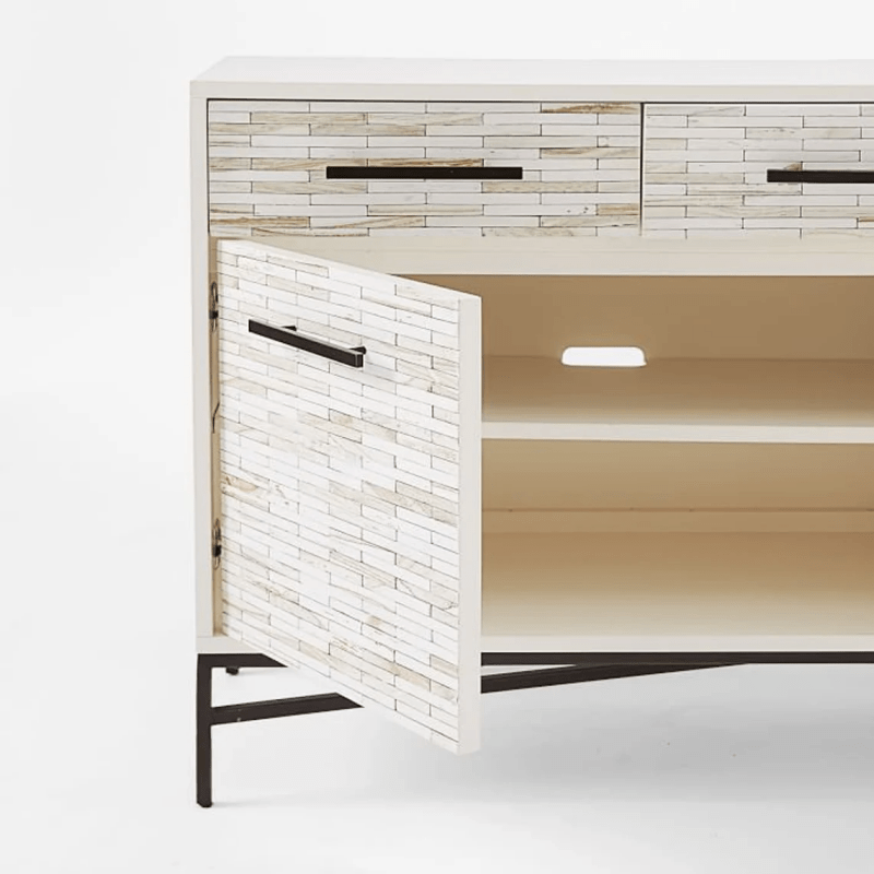 Handmade Tiled Buffet Sideboard with Metal Base - Bone Inlay Sideboard Cabinet for Dining Room, Living Room & Entryway Storage | Perfect for Home Decor & Entertaining Guests