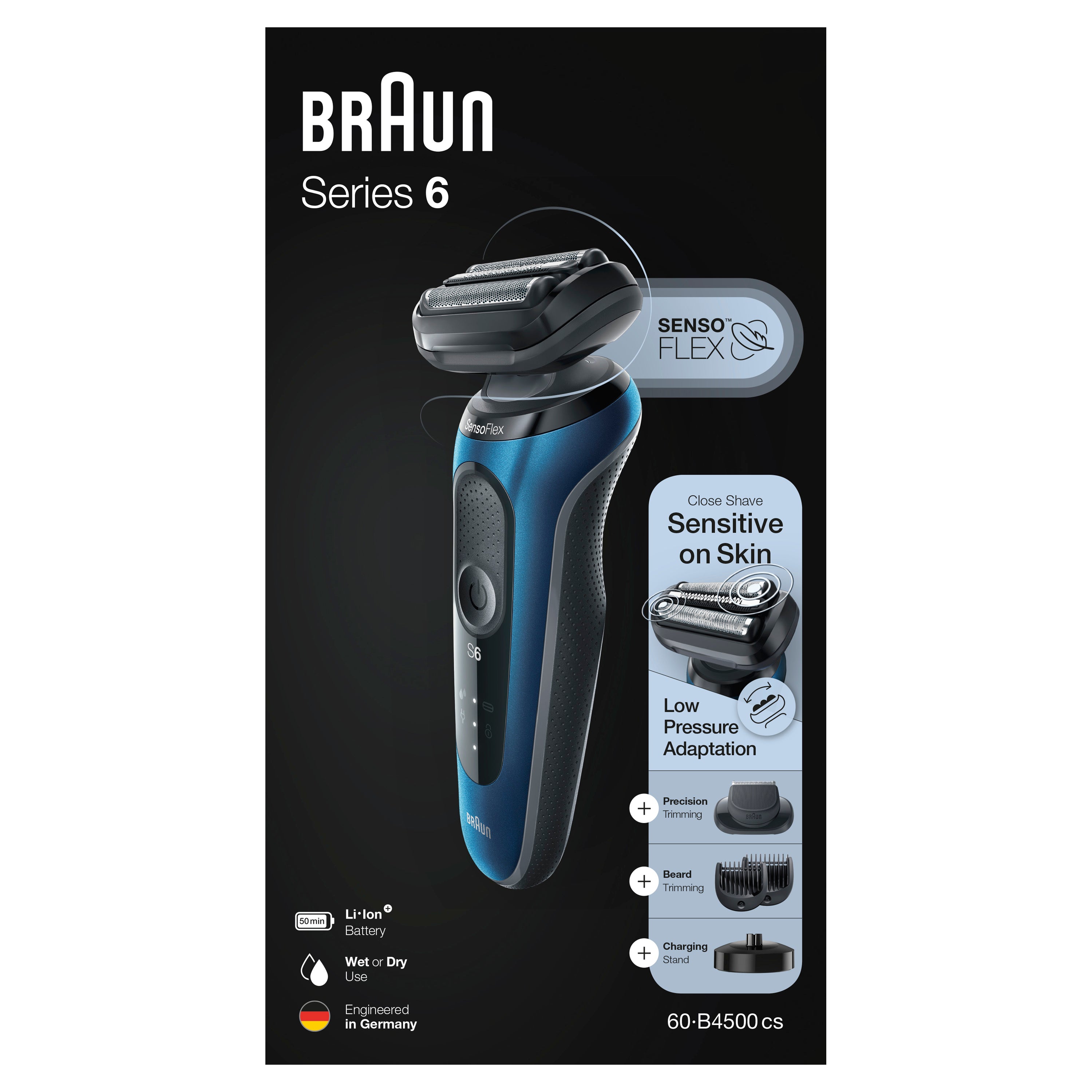 Philips Series 6 60 B4500cs Wet & Dry Electric Shaver with Charging Station & EasyClick Trimmer - Blue | For Men's Face & Body Grooming at Home or Travel
