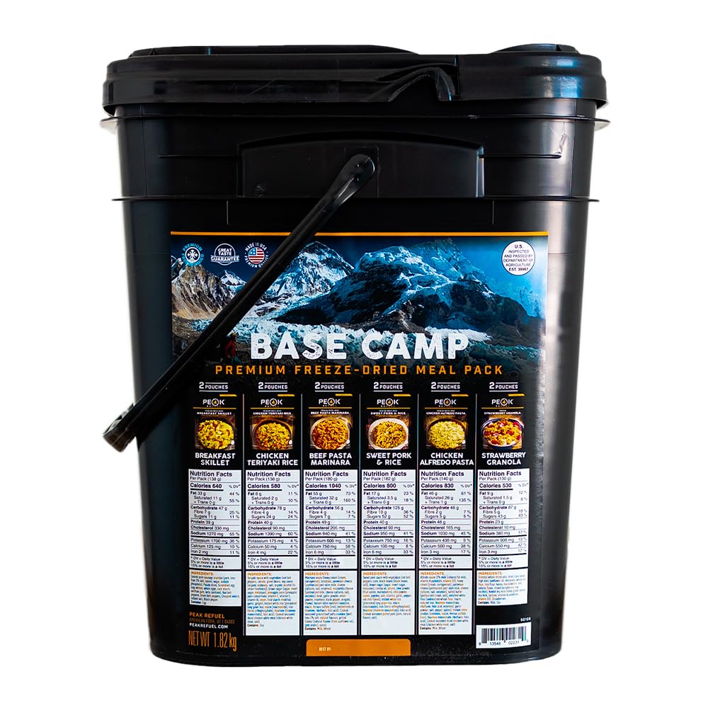 Peak Refuel Base Camp Bucket - 8,920 Calorie Freeze Dried Backpacking Food with 478g Protein | Lightweight Emergency & Survival Food for Hiking, Camping, Outdoor Adventures | Quick Prep & Great Taste