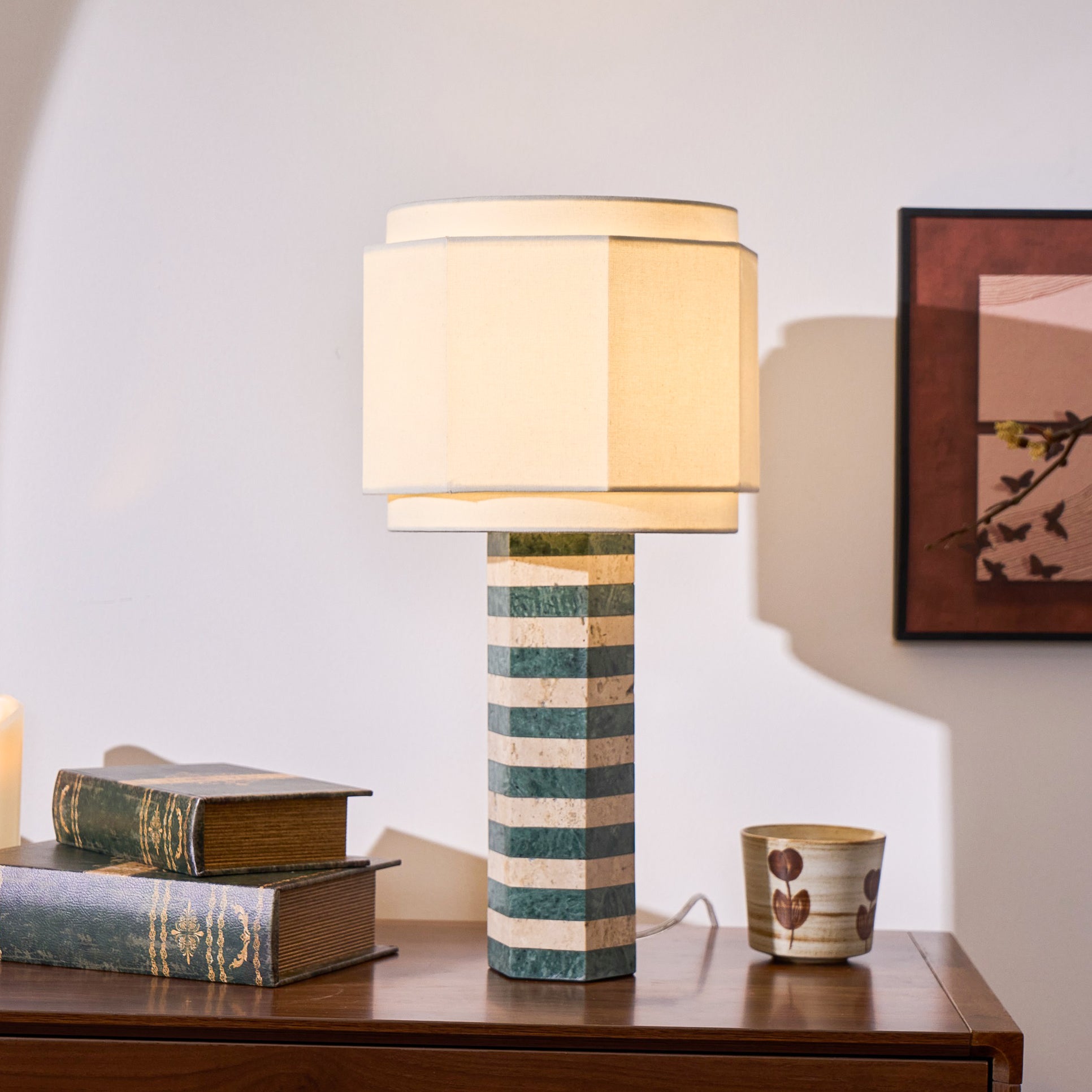 Modari Striped Stone Table Lamp - Modern Decorative Lighting for Living Room, Bedroom & Office - Dimmable LED Desk Lamp with Natural Stone Base