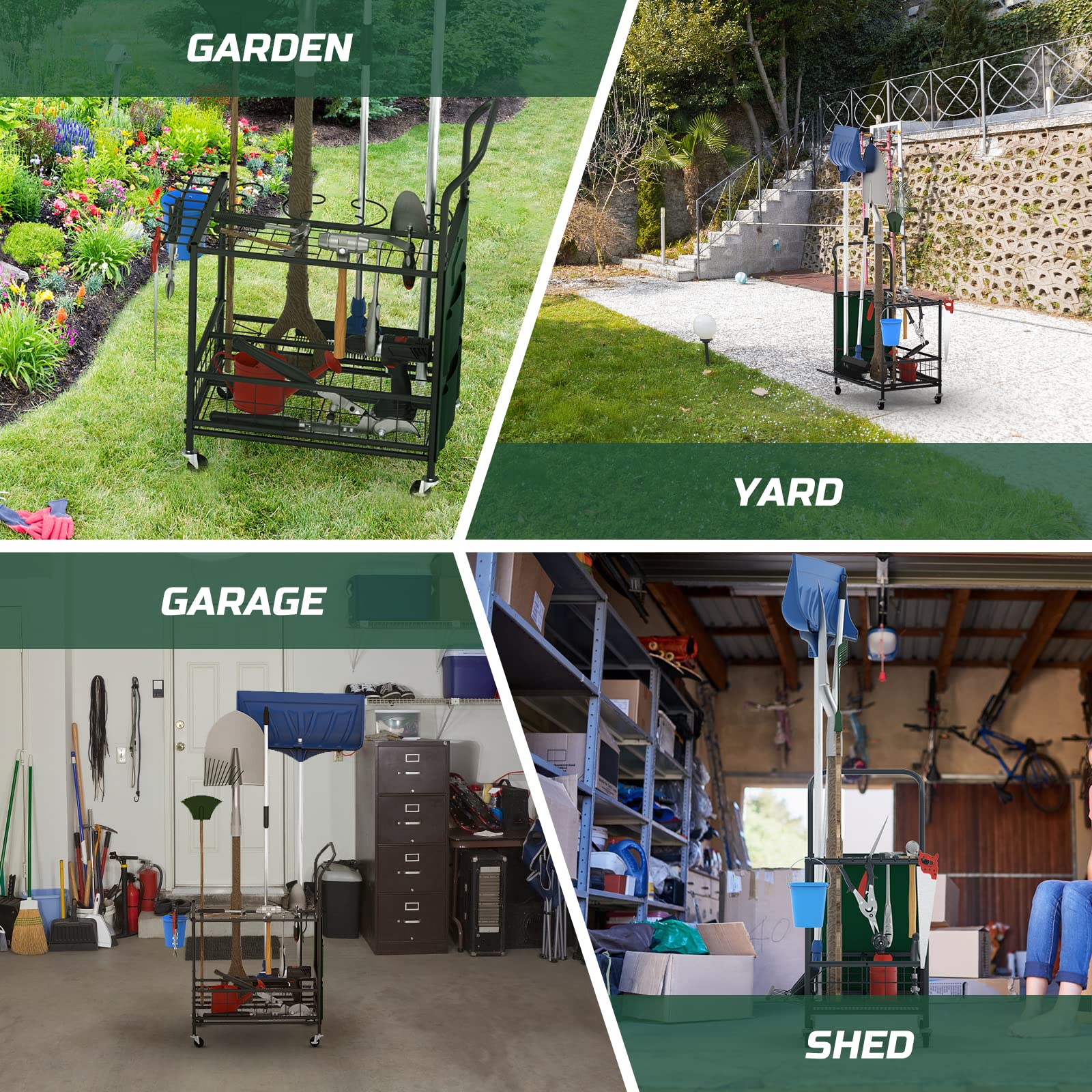 Black Heavy-Duty Garden Tool Organizer with Wheels & Storage Hooks - Yard Tool Stand for Garage, Shed & Outdoor Storage - Perfect for Organizing Rakes, Shovels & Gardening Equipment